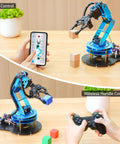 6DOF Desktop Robotic Arm Kit With 5 Servos And Mechanical Claw Handle; shown with PC software and app control in use