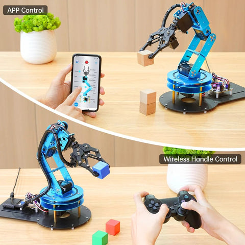 6DOF Desktop Robotic Arm Kit With 5 Servos And Mechanical Claw Handle; shown with PC software and app control in use