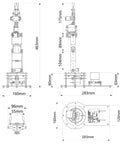 Technical drawing of 6DOF Desktop Robotic Arm Kit with 5 Servos and Mechanical Claw Handle Accessory; dimensions included.