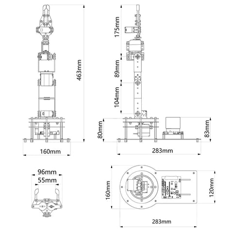 Technical drawing of 6DOF Desktop Robotic Arm Kit with 5 Servos and Mechanical Claw Handle Accessory; dimensions included.
