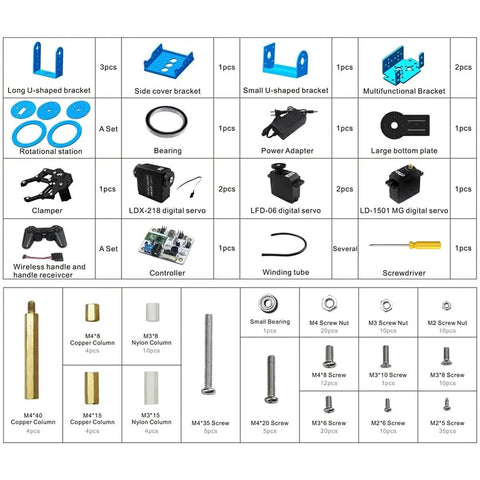 Components of 6DOF Desktop Robotic Arm Kit including 5 servos, mechanical claw, and controller for PC software app control and tutorial.