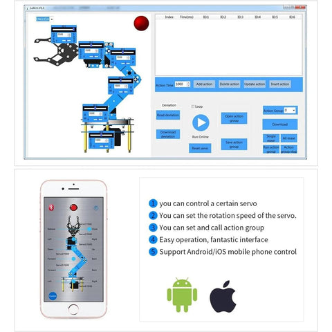 6DOF Desktop Robotic Arm Kit With 5 Servos And Mechanical Claw Handle Accessory PC Software App Control Interface Screenshot