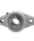 Front view of stainless steel 1 7/8 inch ball bearing insert with set screw fits a 2-bolt white polymer washdown housing.