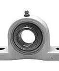 Front view of 1-3/16 in Kanigen set-screw pillow block, white housing single-row ball bearing for shaft support, flange mount unit.