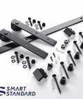 6ft Barn Door Hardware Kit with I shape hanger, carbon steel sliding door track for smooth movement, hardware components displayed
