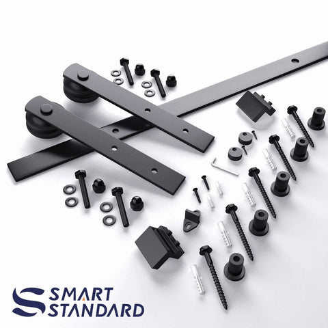 6ft Barn Door Hardware Kit with I shape hanger, carbon steel sliding door track for smooth movement, hardware components displayed
