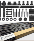 6.6FT Sliding Barn Door Hardware Kit for Single Doors up to 40 Inch, showing complete set with screws, steel track, and rollers.