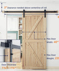 6.6FT Barn Door Hardware Kit with I Shape hanger installed, showing measurements for 40 inch wide door, carbon steel track, mounted in home.