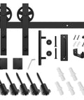 6ft Heavy Duty Sliding Barn Door Hardware Kit, Black, Whole Set with big industrial wheel hangers, screws, floor guide, and pull handle