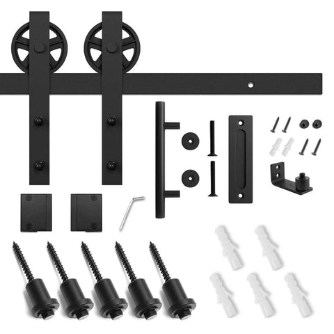 6ft Heavy Duty Sliding Barn Door Hardware Kit, Black, Whole Set with big industrial wheel hangers, screws, floor guide, and pull handle