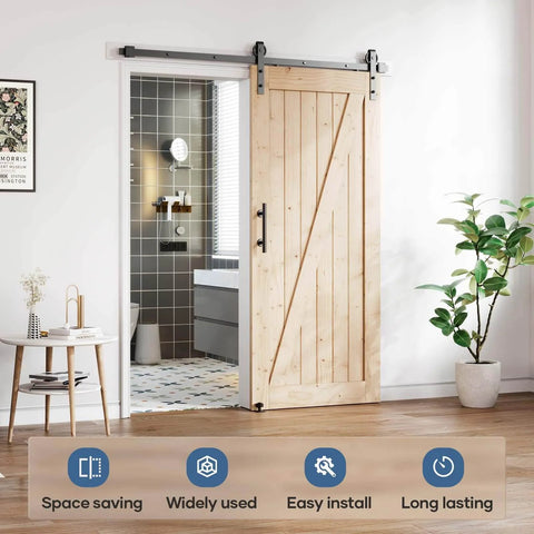 6FT Sliding Barn Door Hardware Track Kit & Handle,Big Industrial Spoke Wheel Pulley,Wall Mount,Slide Smoothly Quietly,Easy Install,Black,72" Track Fit for 32-34" Wide Opening (No Door) installed with wooden door in living space
