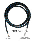 Six Foot Braided Airbrush Hose With Nylon Exterior And Rubber Inner One Eighth Inch Fittings On Both Ends Quick Release Disconnect Coupler Pro Grade Durable For Fine Detail Painting And Leak Free Performance