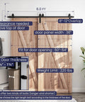 6 Feet Bypass Sliding Barn Door Hardware Kit for Double Wooden Doors with Single Track installed on 60 inch wide wooden doors