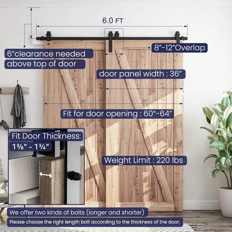 6 Feet Bypass Sliding Barn Door Hardware Kit for Double Wooden Doors with Single Track installed on 60 inch wide wooden doors