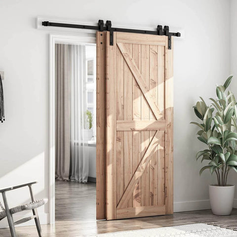 6 Feet Bypass Sliding Barn Door Hardware Kit for Double Wooden Doors with Single Track installed in a room with decor