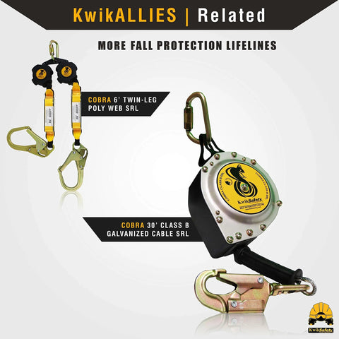 KwikSafety Cobra 6 ft twin-leg poly web SRL and 30 ft galvanized cable SRL fall protection lifelines on display.