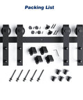 Components of 6FT Double Door Sliding Barn Door Hardware Track Kit with basic J pulley, black rails, and installation screws