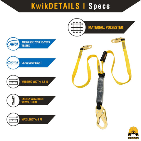 Image of Taipan 6 Foot Double Leg Flat Safety Lanyard with External Shock Absorber, ANSI Tested, OSHA Compliant, Polyester Webbing