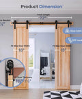 Image showing product dimensions for 6FT Double Door Sliding Barn Door Hardware Track Kit with basic J pulley for double 18 inch doors.