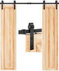 6FT Double Door Sliding Barn Door Hardware Track Kit with basic J pulley, black powder coated aluminum rails, installed on wood doors