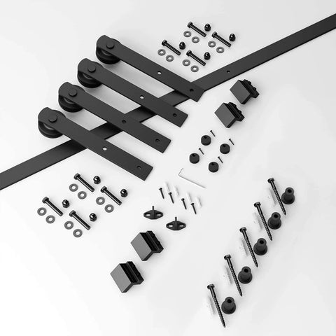 6FT Heavy Duty Double Door Sliding Barn Door Hardware Kit with carbon steel track and nylon rollers laid out on white surface