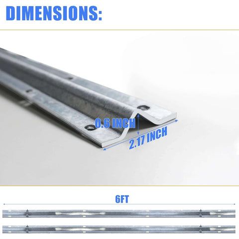 Close-up of Galvanized Inverted V Track Rail 6 Ft Pair With Pre Drilled Holes And Stainless Hardware Kit, showing dimensions.
