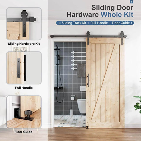 Sliding barn door with hardware, pull handle, and floor guide installed, showcasing 6FT Sliding Barn Door Hardware Track Kit & Handle.