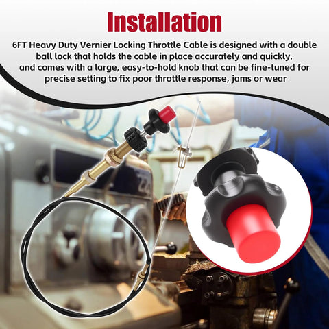 Heavy duty 6 ft Vernier Locking Throttle Cable red replacement shown in installation setup with secure locking mechanism, compatible with VCGTX06 gear