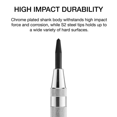 Close-up of a 6 Inch Automatic Center Punch With One Handed Spring Impact Chrome Shank And S2 Steel Tip for quick hole marking.