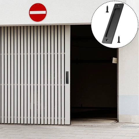 Matte Black 6 Inch Rectangular Recessed Sliding Door Pulls 2 Pack For Barn Doors Cabinets And Drawers With Screws installed on door