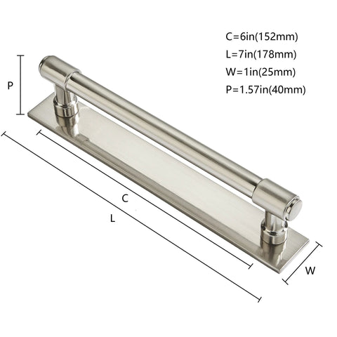 Diagram of 5 Pack 6 Inch Hole Center Brushed Satin Nickel Cabinet Pulls With Backplate, showing dimensions and design features.