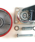 Industrial 6 Inch By 2 Inch Caster Set Of 4 With Two Fixed And Two Swivel Wheels Brakes Cast Iron Plate Heavy Duty 3500 Lb Capacity Smooth Rolling Polyurethane Wheels For Carts And Equipment In Workshops Warehouses And Garages wheel components displayed disassembled with a metal caster fitting, screws, and a red polyurethane-coated wheel.