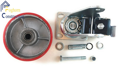 Industrial 6 Inch By 2 Inch Caster Set Of 4 With Two Fixed And Two Swivel Wheels Brakes Cast Iron Plate Heavy Duty 3500 Lb Capacity Smooth Rolling Polyurethane Wheels For Carts And Equipment In Workshops Warehouses And Garages wheel components displayed disassembled with a metal caster fitting, screws, and a red polyurethane-coated wheel.