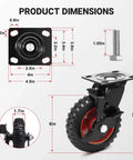 Product dimensions of 6 Inch Outdoor Heavy Duty Caster Wheels Set of 4 with Brakes in a detailed diagram showing size and brake mechanism.