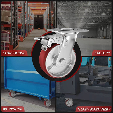 6 Inch Heavy Duty Locking Caster Wheels Set of 4 showcased for storehouse, factory, workshop, and heavy machinery use.