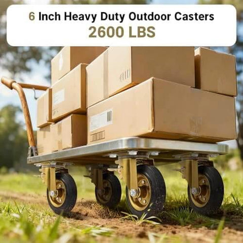 Cart with boxes on 6 Inch Outdoor Heavy Duty Caster Wheels Set of 4 with Brake, 2600lb capacity, in outdoor setting