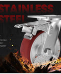 6 Inch Heavy Duty Locking Caster Wheels Set of 4, stainless steel swivel casters with brake, red polyurethane on steel, fiery background