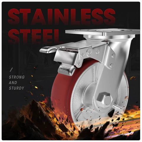 6 Inch Heavy Duty Locking Caster Wheels Set of 4, stainless steel swivel casters with brake, red polyurethane on steel, fiery background