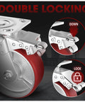 Close-up of double locking mechanism on 6 Inch Heavy Duty Locking Caster Wheels Set of 4, Swivel Plate Casters with Brake, 5000lb capacity