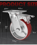 6 Inch Heavy Duty Locking Caster Wheels Set of 4, Swivel Plate Casters with Brake, featuring product dimensions and no noise polyurethane on steel.