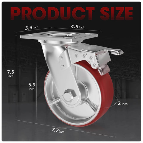 6 Inch Heavy Duty Locking Caster Wheels Set of 4, Swivel Plate Casters with Brake, featuring product dimensions and no noise polyurethane on steel.