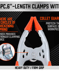 Image of 6 Piece 6 Inch Heavy Duty Spring Clamps with 2.5 Inch Jaw Opening, featuring red non-slip plastic covers and nickel-plated steel