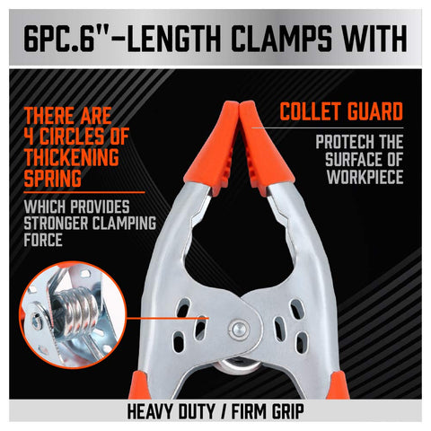 Image of 6 Piece 6 Inch Heavy Duty Spring Clamps with 2.5 Inch Jaw Opening, featuring red non-slip plastic covers and nickel-plated steel