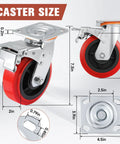 Six Inch Heavy Duty Caster Wheel Set Of Four For Industrial Equipment And Workbenches, Polyurethane Surface TPE Casters With 5000 Lb Load Capacity, Swivel Brake Plate Caster For Carts, Machinery And Heavy Duty Workstations. Dimensions and features shown.