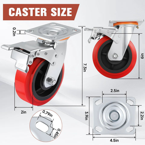 Six Inch Heavy Duty Caster Wheel Set Of Four For Industrial Equipment And Workbenches, Polyurethane Surface TPE Casters With 5000 Lb Load Capacity, Swivel Brake Plate Caster For Carts, Machinery And Heavy Duty Workstations. Dimensions and features shown.