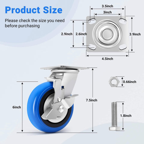 6 inch heavy duty caster wheels set of 4 rated 4500 lb total with smooth rolling design showing dimensions and components
