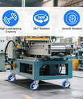6 inch heavy duty caster wheels set of 4 rated 4500 lb total installed on machinery in an industrial setting with rotation icons displayed.