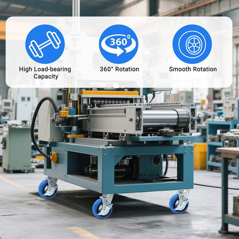 6 inch heavy duty caster wheels set of 4 rated 4500 lb total installed on machinery in an industrial setting with rotation icons displayed.