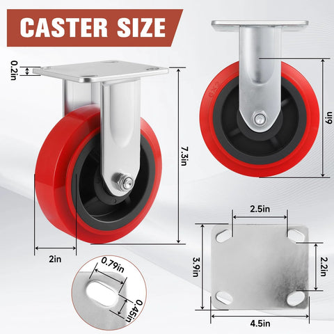 6 Inch Industrial Heavy Duty Caster Wheels Set Of 4 With Polyurethane Surface TPE Casters Load Capacity 5000 Lbs swivel brake plate
