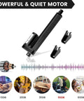 6 Inch Stroke 12V Linear Actuator With 1000N Thrust, quiet motor illustration, brackets, and noise level icons